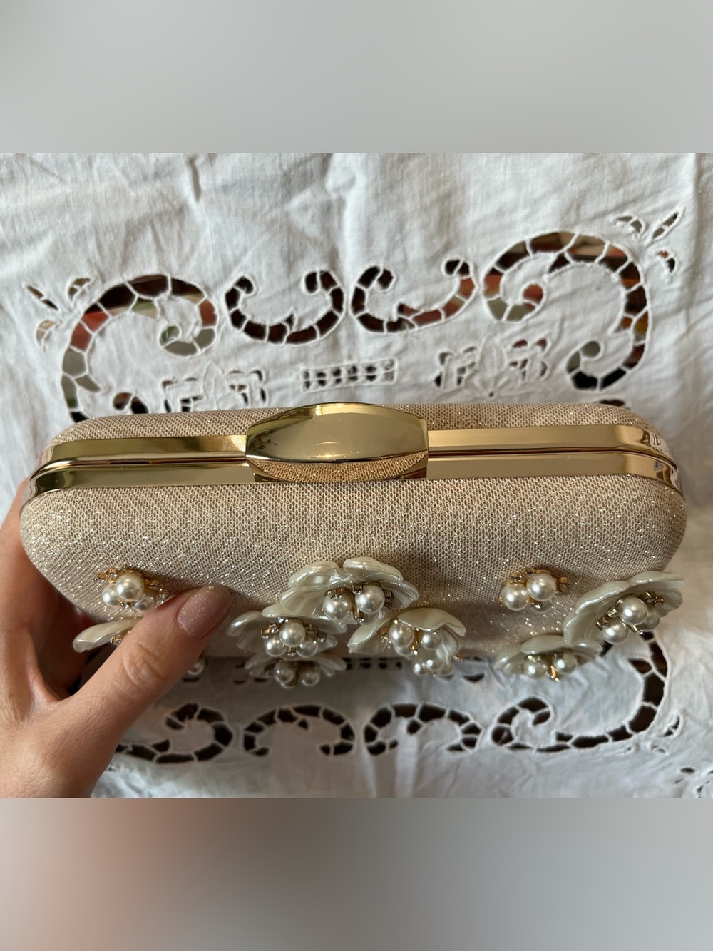 Pearl Floral Embellished Evening Clutch - Champagne - Picture 2 of 6